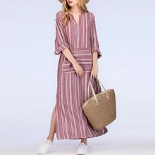 ZANZEA Plus Size Vintage Women Long Striped font b Dress b font Casual V Necl Long