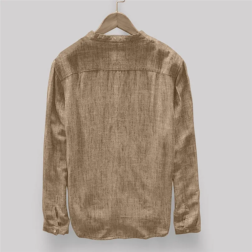  New Fashion Mens Men Autumn Winter Button Casual Daily Linen and Cotton Long Sleeve Travel Top Solid Blouse #4F04 (4)