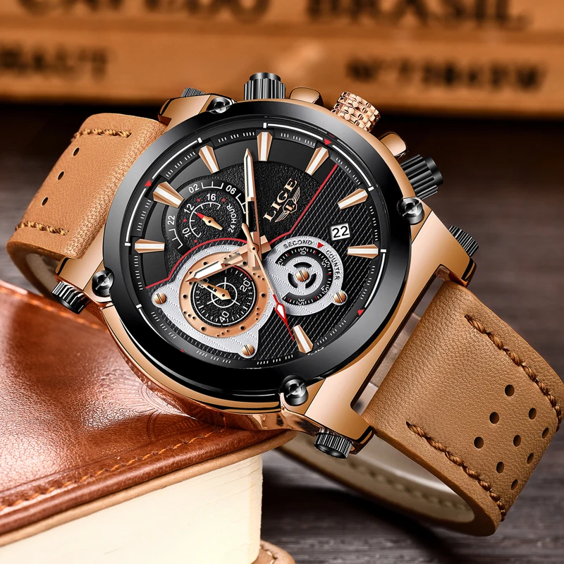  2018 LIGE Mens Watches Top Brand Luxury 24 hour Date Quartz Watch Man Leather Big dial Sport Wrist Watch Men Waterproof Clock