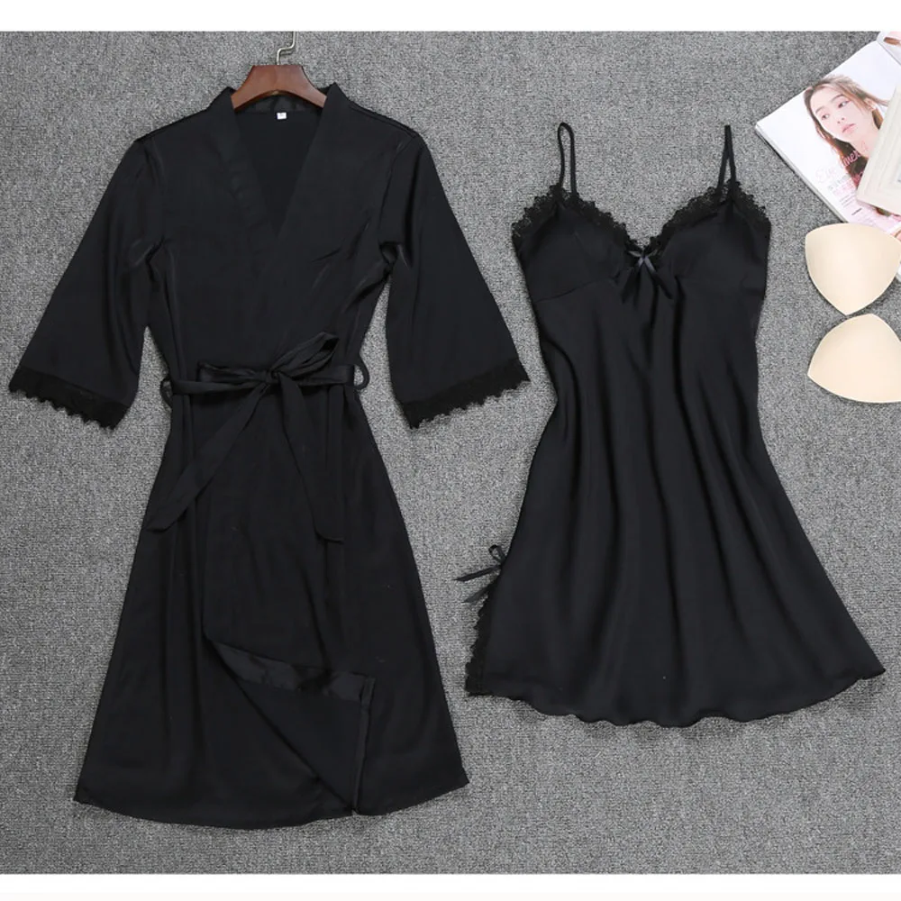 New Women Ladies Sexy Silk Satin Dress Bathrobe Nightgown Sets Lace Kimono Pajamas Lingerie Sleepwear chemise de nuit femme - Цвет: Black