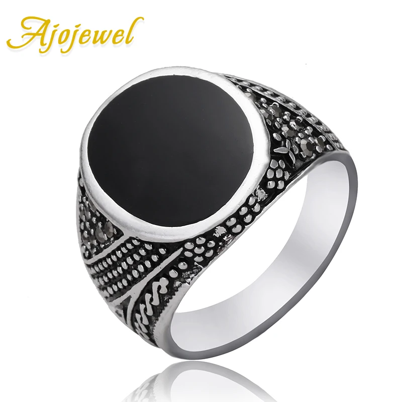 Ajojewel New Sales On Men Class Rings Silver color Black Stone Male
