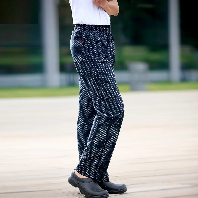 10 брюки Кук масляной печати работа черные трусы брюки Мужской брюки для повара дизайн одежды эластичный пояс Еда Услуги Штаны