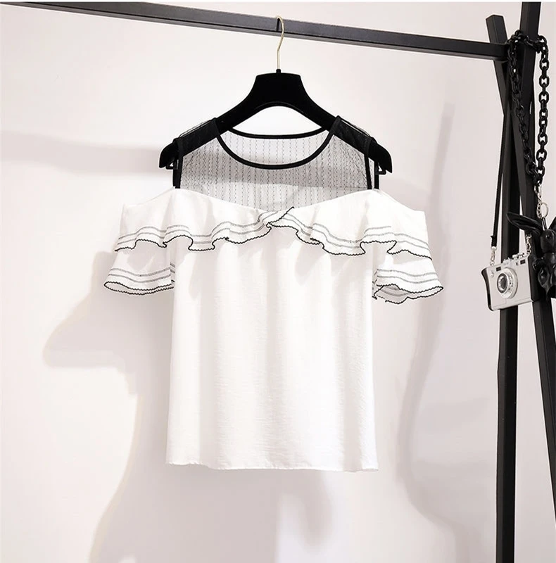 

2019 summer new women's chiffon shirt lotus leaf sleeves off shoulder T-shirt sequins mesh transparent T-shirt