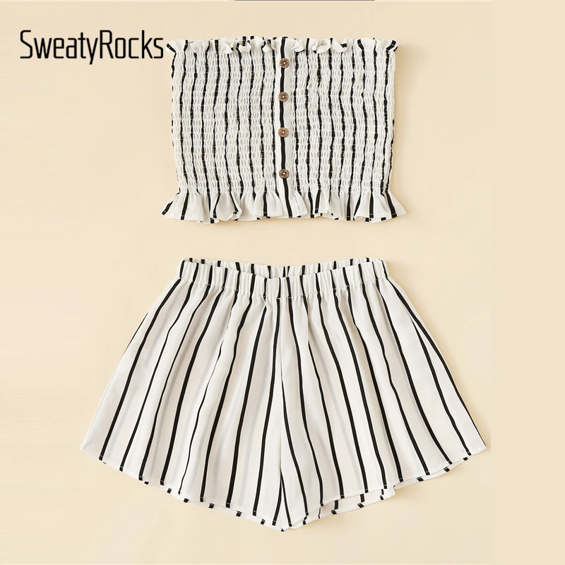 SweatyRocks الرتوش تريم مخطط صديرية دائرية مع السراويل النساء عطلة بوهو حمالة مجموعات 2019 عارضة الأسود والأبيض اثنين من قطعة مجموعة