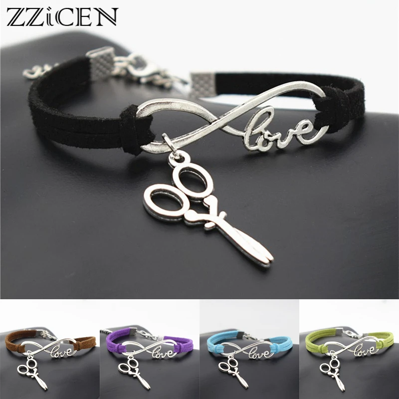 

New Stylish Christmas Gift Unique Barber Scissors Pendant Love Infinity Charm Leather Bracelets for Women Scissors Wrist Jewelry