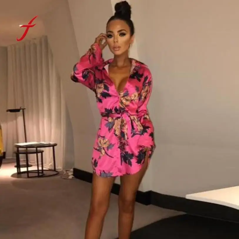 

6 Colors Womens Floral Print 2018 Dress Satin Silk V-Neck Shirt Loose Dress Ladies Dresses With Belt Causal Vestido Mujer Party