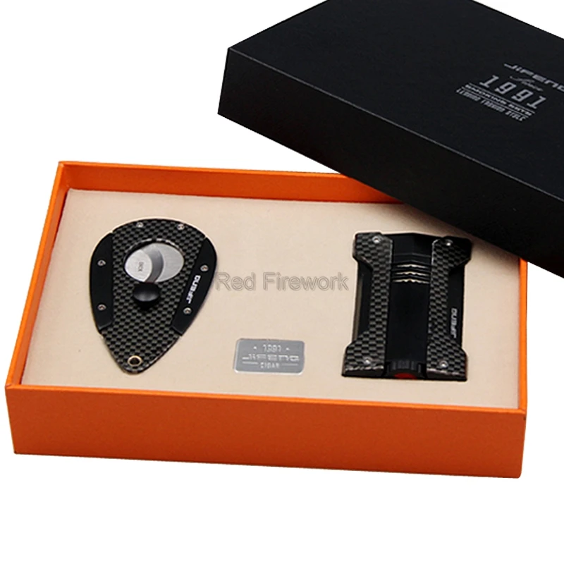 

Jifeng Luxury Carbon Fiber Style Windproof Cigar Lighter Sharp Cutter Scissor Portable Cigar Cigarette Set W/Gift Box COHIBA