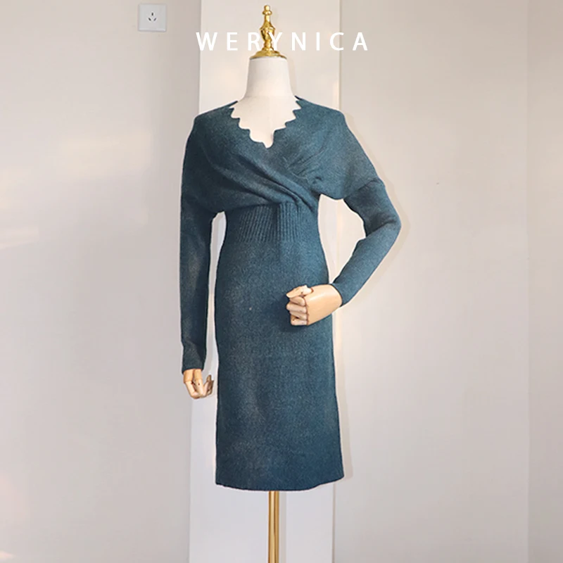 Werynica осень-зима Для женщин трикотажные хлопковые обтягивающий лонгслив платье v-образным вырезом Тонкий Bodycon платье элегантные пикантные