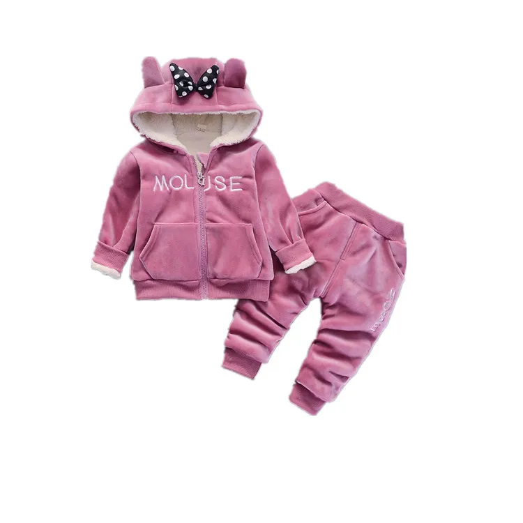 Toddler girl winter clothes new hooded plus velvet thickened arctic cashmere girls cartoon zipper jacket+ pants suit