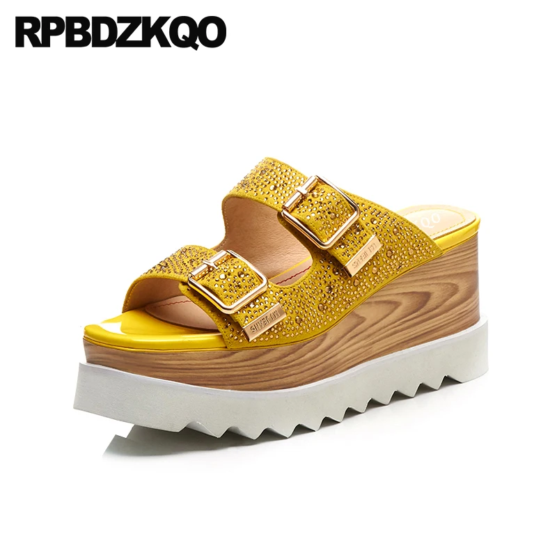 

Platform Wedge Sandals Summer Women High Heels Slides Shoes Pumps Yellow Rhinestone Strap Slippers Embellished Crystal Diamond