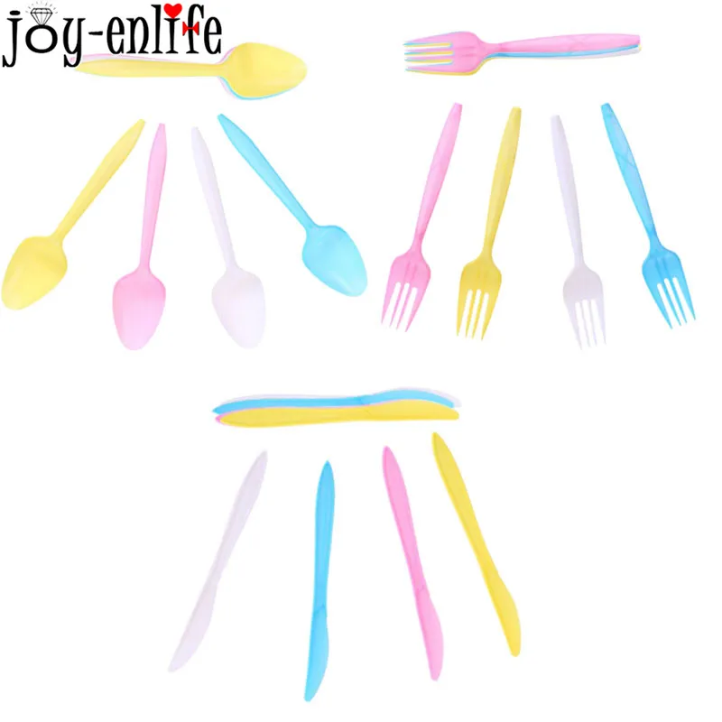 

JOY-ENLIFE 8Pcs Solid Color Disposable Cutlery Set Plastic Fork Knife Spoon For Birthday Party Tableware Baby Shower Supplies