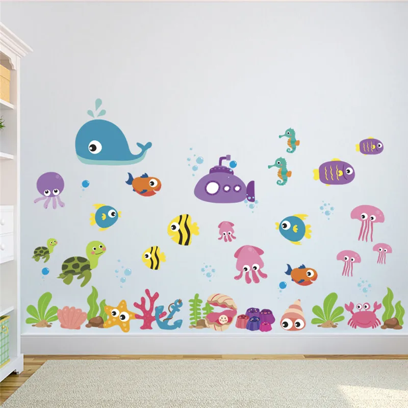 Мультяшные рыбки Sealife настенные наклейки для детской комнаты, ванной комнаты, украшения для дома, водонепроницаемые животные, плинтус, фреска, художественные наклейки для унитаза - Цвет: 19 850