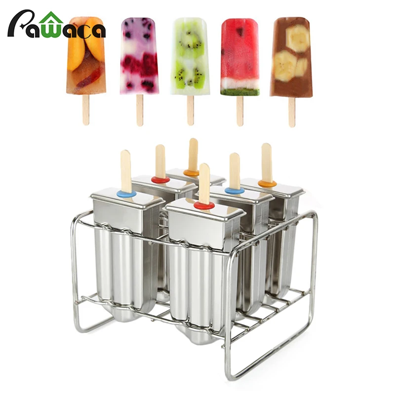 

6Pcs Stainless Steel Popsicle Molds Set Ice Cream Maker Ice Lolly Pop Mold with Stick Holder Rack Brush DIY Ice Cream Moulds