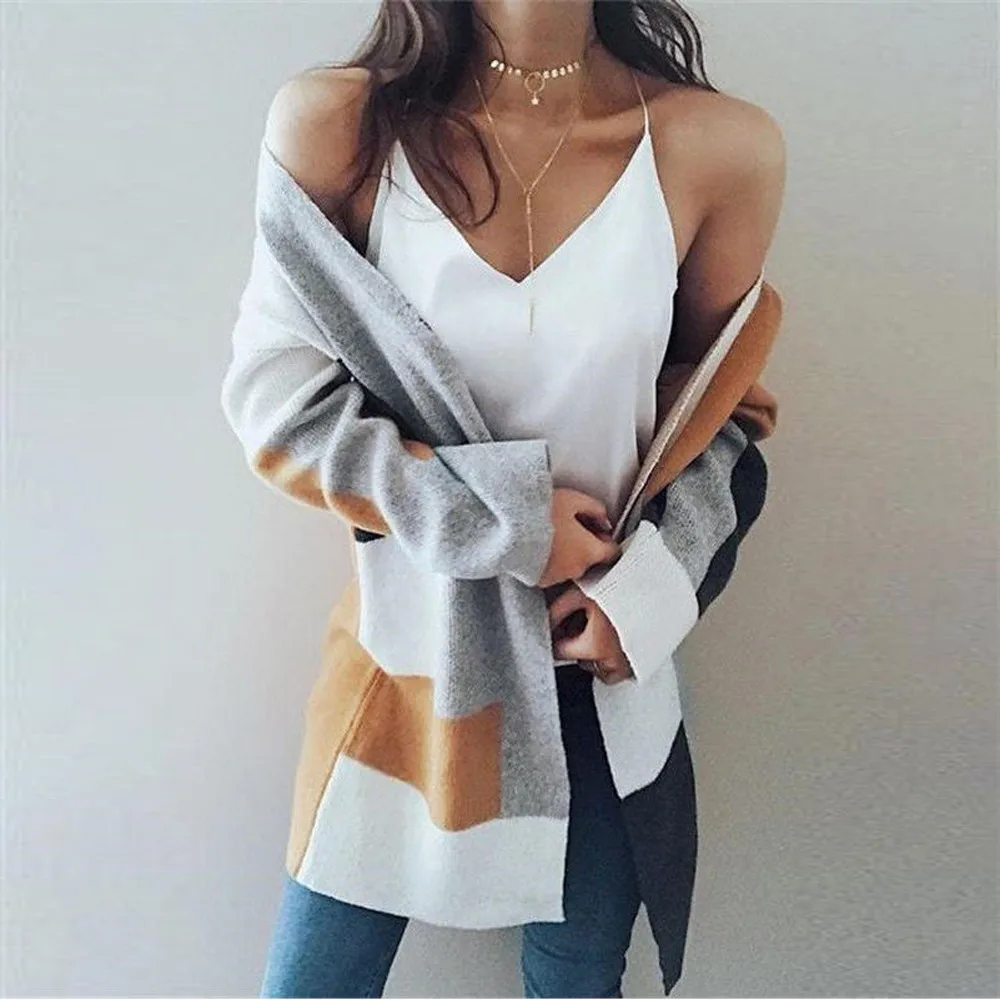 Women Casual Winter Baggy Cardigan Coat Long Chunky Knitted Oversized Patchwork Sweater Jumper Multicolor