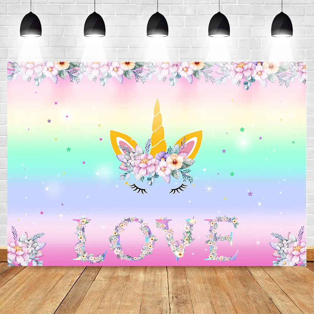 8x6.5ft Unicorn Backdrop Happy Birthday Backdrop Silver Unicorn Head Birthday Party Colourful Flowers Crown Pink Background Baby Shower Backdrop Baby Boy Girl Children Birthday Photo Props