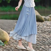 Летняя винтажная юбка длинная льняная юбка Женская эластичная талия белая элегантная юбка китайский стиль
