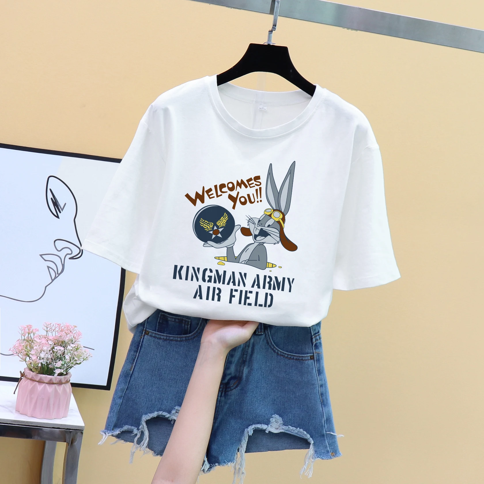 

Short-sleeved t-shirt female Kpop new loose cartoon rabbit printing Harajuku style round neck simple Zaraing wild shirt