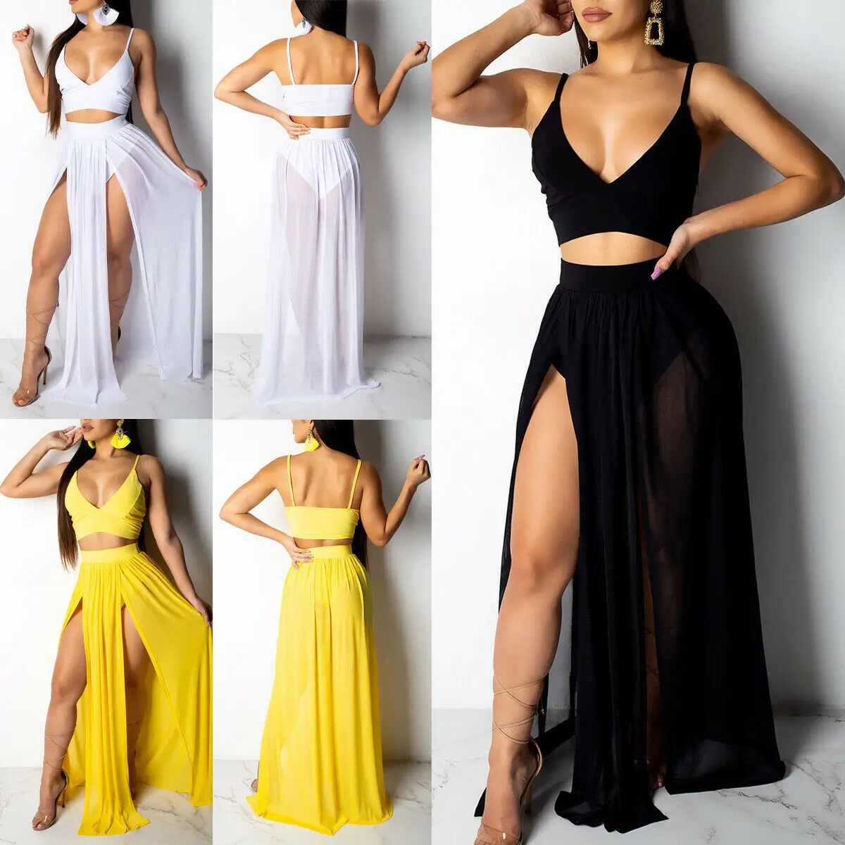 

Sexy V-neck Sleeveless Crop Top and Long Split Skirt Ladies Solid Black White Yellow Evening Party 2Pcs Women Summer Clothes Set