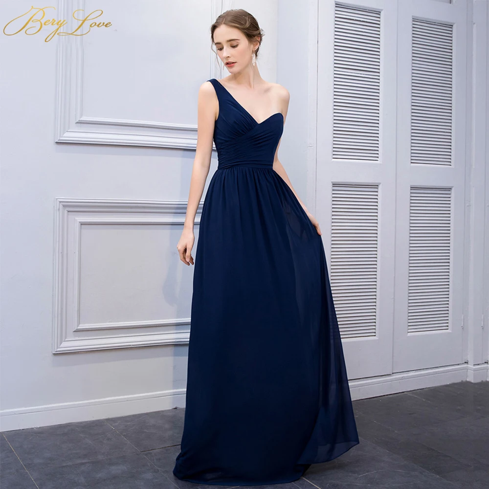 One Shoulder Navy Blue Long Chiffon Formal Evening Dress 2019 Ruched