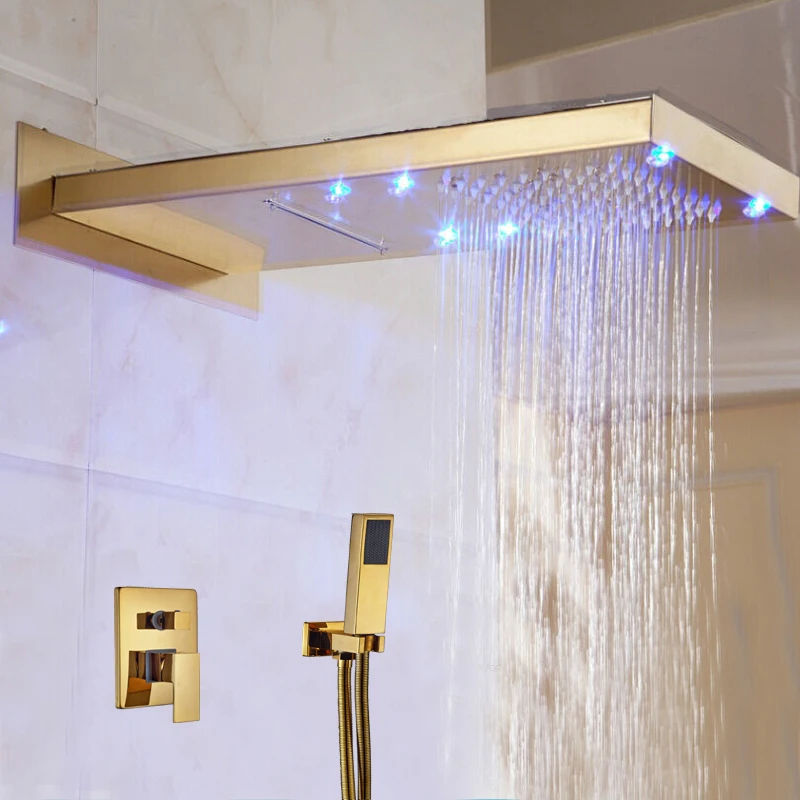 

Wholesale And Retail LED Golden Wall Mounted Shower Head 3 Ways Valve Mixer Rainfall & Waterfall Shower Faucet W/ Hand Shower
