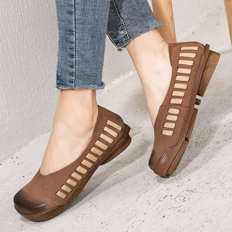 

GKTINOO Spring and Summer 2019 New Retro Genuine Leather Women's Shoes Square Toe Comfortable Soft Sole Shallow Flat Shoes