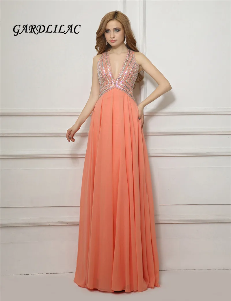 

2017 Real Sample 100% As Picture Halter V-Neck Long Prom dress Backless BlingBling Evening Gown Chiffon vestido de festa longo