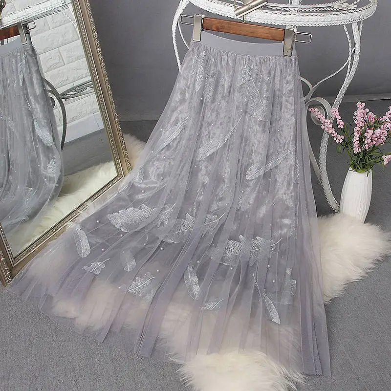 UPPIN Spring Summer Skirts Womens Beading Embroidery Leaves Elegant Sweet Girls Skirt Tulle High Waist Midi Long Skirt - Цвет: Серый