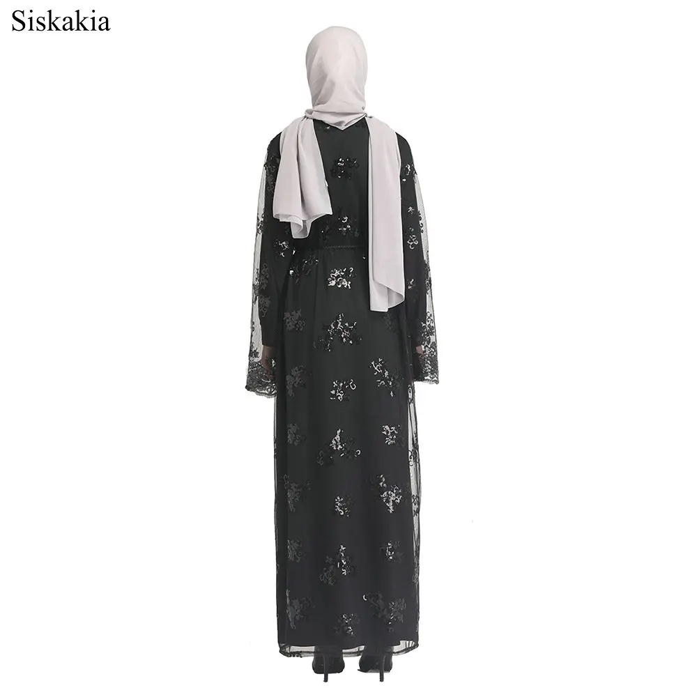 Siskakia Muslim Elegant Lace Sequin Mesh Cardigan Robe Abaya Ramadan Women Hook Flower Hollow Out Sashes Party Clothing 2019  (5)