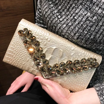 

Women Evening Purse Diamond Decor Clutch Bag Genuine Leather Split Leather Fashion Clutches Bags Gold Chain Shoulder Bag 2019