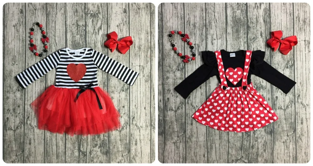 

Valentine's day girls children clothes baby cotton spring love heart stripe strap button tutu dress boutique match accessories