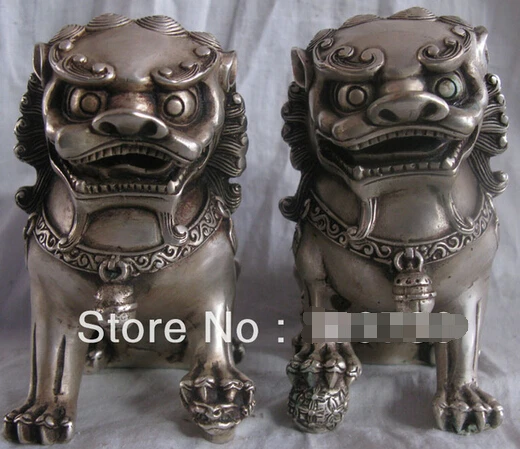 

0 a pair Fu Foo Dog Guardian lion Statue good luck Tibet silver statue