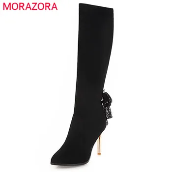 

MORAZORA 2020 new fashion shoes woman thin high heels boots women sexy party shoes flock autumn winter knee high boots black