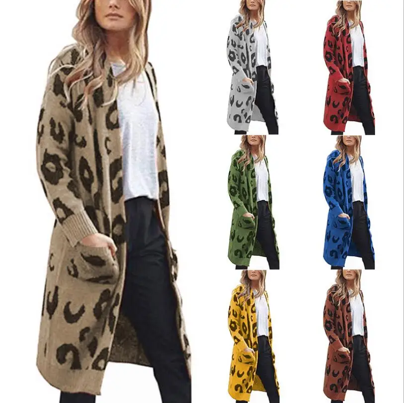 

Leopard Open Front Elegant Cardigan Long Female Sweater Ladies Autumn 2019 Office Girls Winter Sweaters Women Clothes QH1940