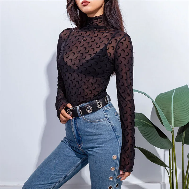 

Hot Women Sexy Perspective Crescent Pattern High Neck Transparent Mesh Sheer T-Shirt Long-Sleeved Shirt