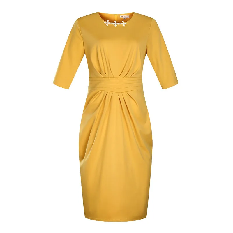 

Plus Size Dresses for Women 4xl 5xl 6xl Work Midi Dress Elegant Office Lady Peplum Ruched Dresses Yellow Bodycon Pencil Dress