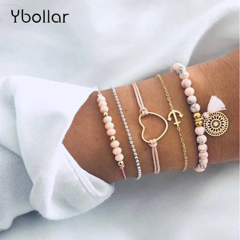 

5pcs/Set Boho Women Pink Beaded Bracelet Set Heart Rope Anchor Chain Dreamcatcher Tassel Bracelet Multilayer Bangles Girls Gift