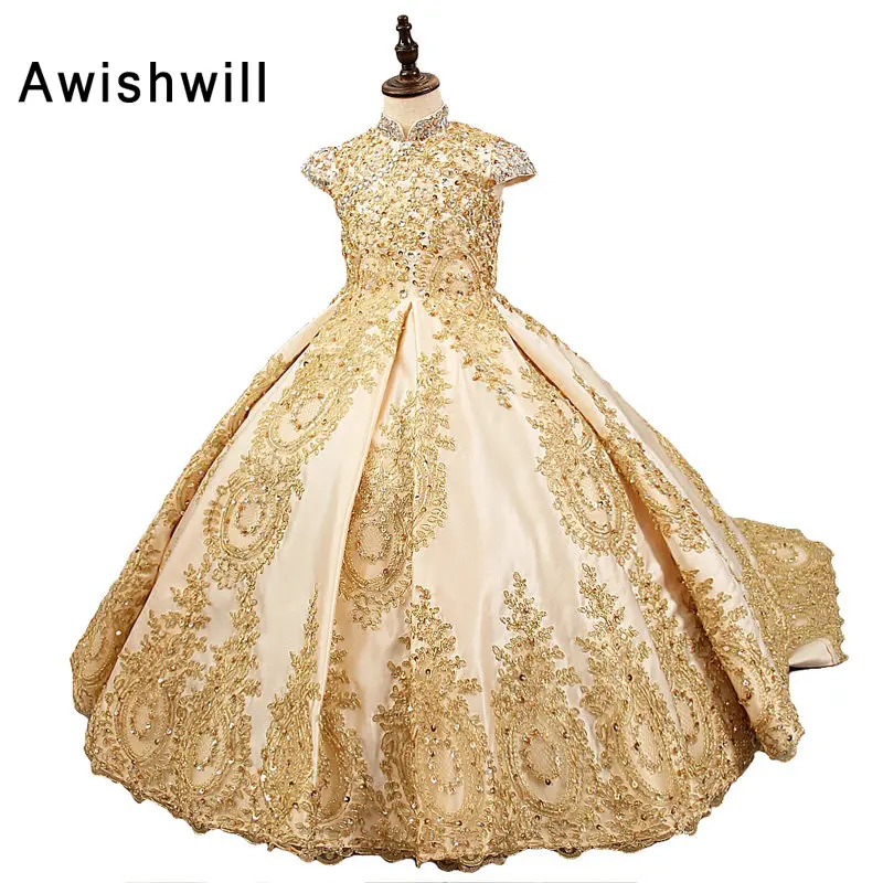 

2019 Royal Flower Girl Dress for Weddings Satin Lace Beaded Ball Gown Girl Party Communion Dress Pageant Gown Gold Color