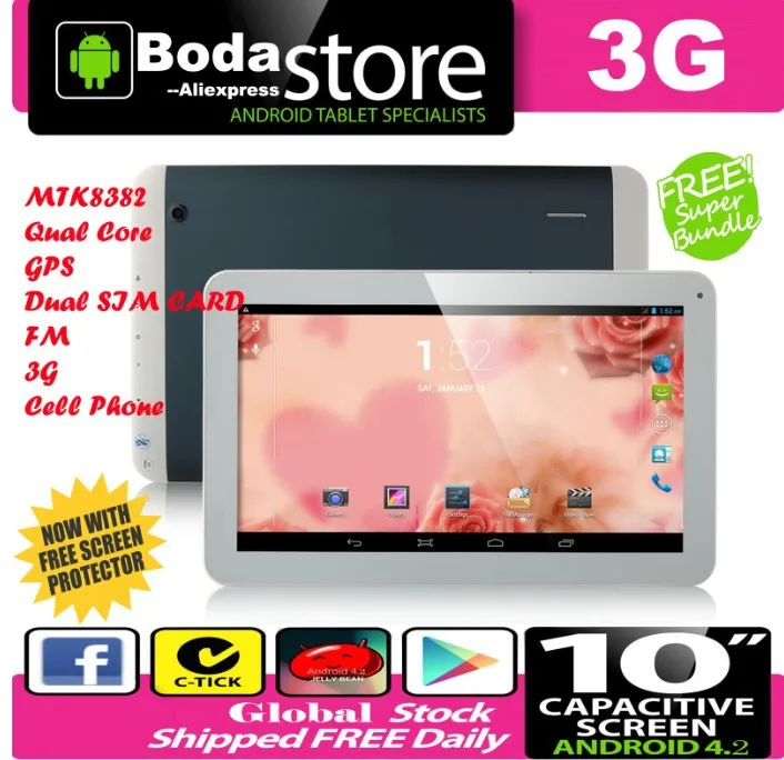 BODA Планшеты PC MTK8382 2 г/3G 4 ядра 10.1 дюймов IPS Экран с гнезда SIM-карты WI-FI Android 4.2 GPS FM 8 ГБ синий