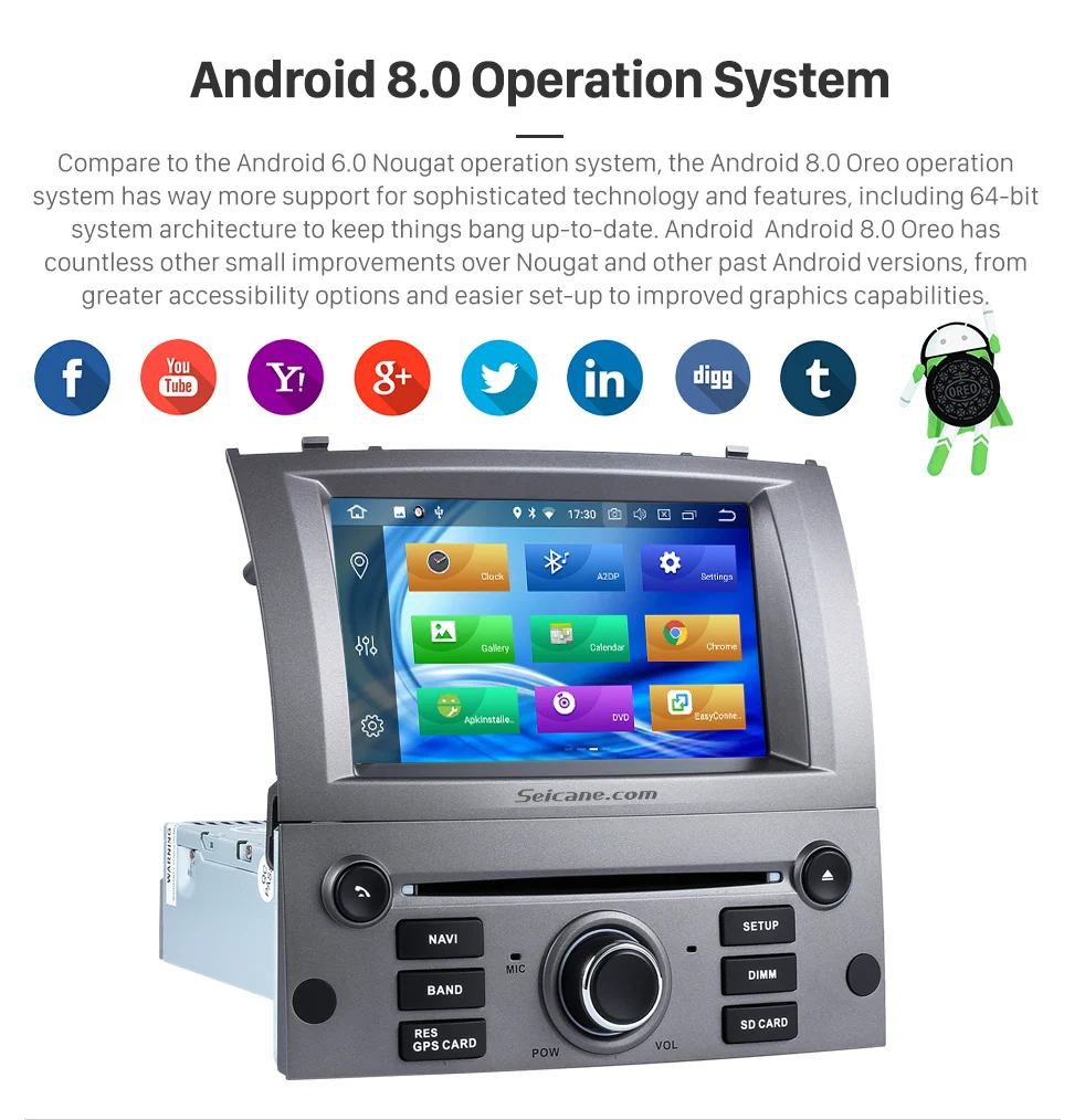 Best Seicane Android 8.0 7"1Din Car Radio Stereo GPS Navigation Multimedia Player For Peugeot 407 2004 2005 2006 2007 2008 2009 2010 6