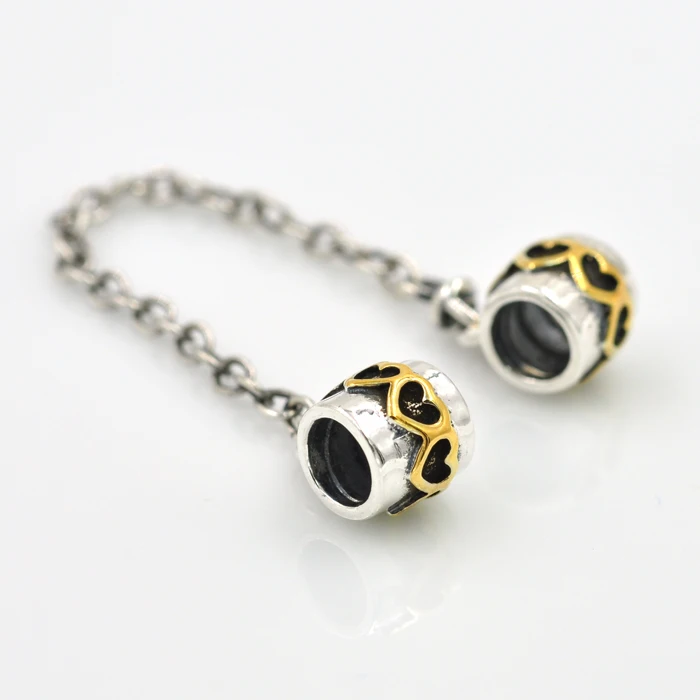 Fits Pandora Charms bracelet Safety Chain Golden Heart Authentic 925