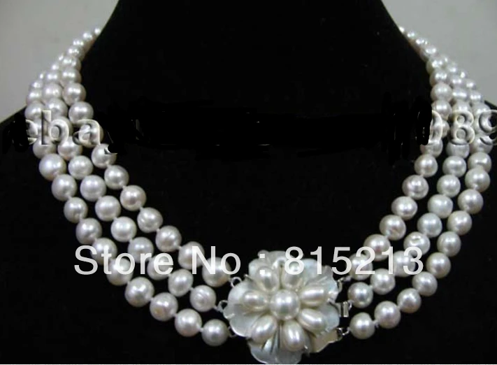 

ddh00819 Camep pearl clasp 3strands 8-9mm white freshwater pearl necklace