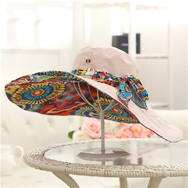 Женская широкополая Цветочная печатная Двусторонняя шляпа с бантом с широкими большими полями летние пляжные шляпы с двумя боками можно носить кепку с защитой от ультрафиолетовых лучей - Цвет: Khaki