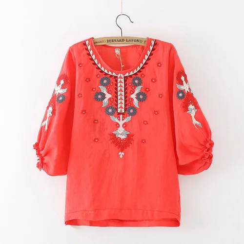 Этнический винтажный Белый Цветочный вышитый Blusa для женщин свободный наполовину спущенный рукав рубашка Женский хлопковый льняной Топ Повседневный Blusas - Цвет: Красный