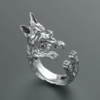 

Wholesale trendy German Shepherd dog men rings silver plated animal fashion jewelry women rings nenya hot sale
