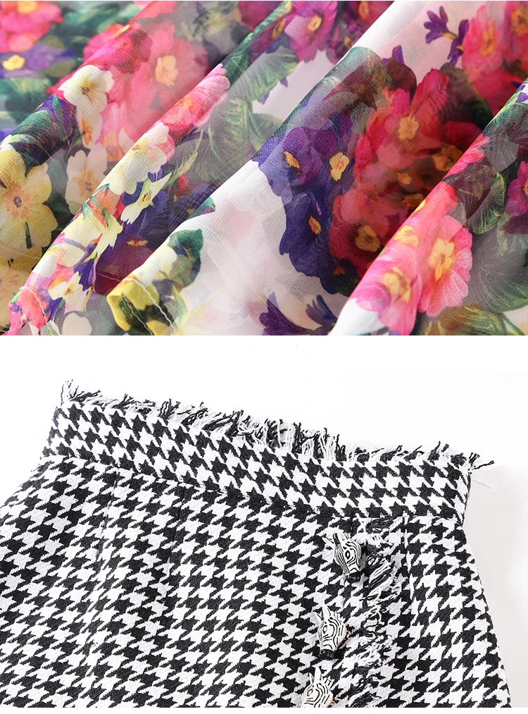 Svoryxiu High End подиумная юбка костюм женский цветочный принт оборки шифоновая блузка+ Зебра кнопки юбки с узором «Хаундстут» комплект из двух предметов