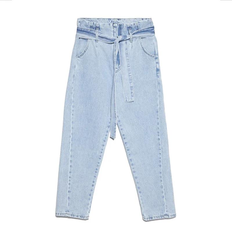 HXJJPSpring Summer High Waist Tie Jeans Cotton Calf-Length Pants Pockets Pencil Pants Women