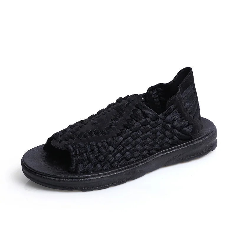 UncleJerry/летние мужские сандалии; женская дышащая обувь для мальчиков и девочек; тканые мужские пляжные сандалии без застежки - Цвет: Black