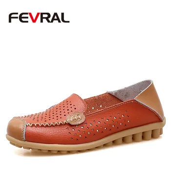 

FEVRAL Woman Casual Shoes Genuine Leather Loafers Slip-On Female Flats Moccasins Ladies Driving Shoe Cut-Outs Mother Footwear