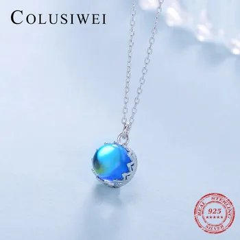 

COLUSIWEI 100% Real 925 Sterling Silver Blue Crown Crystal Necklace For Women Classic Swing Ball Shining Pendant Silver Jewelry