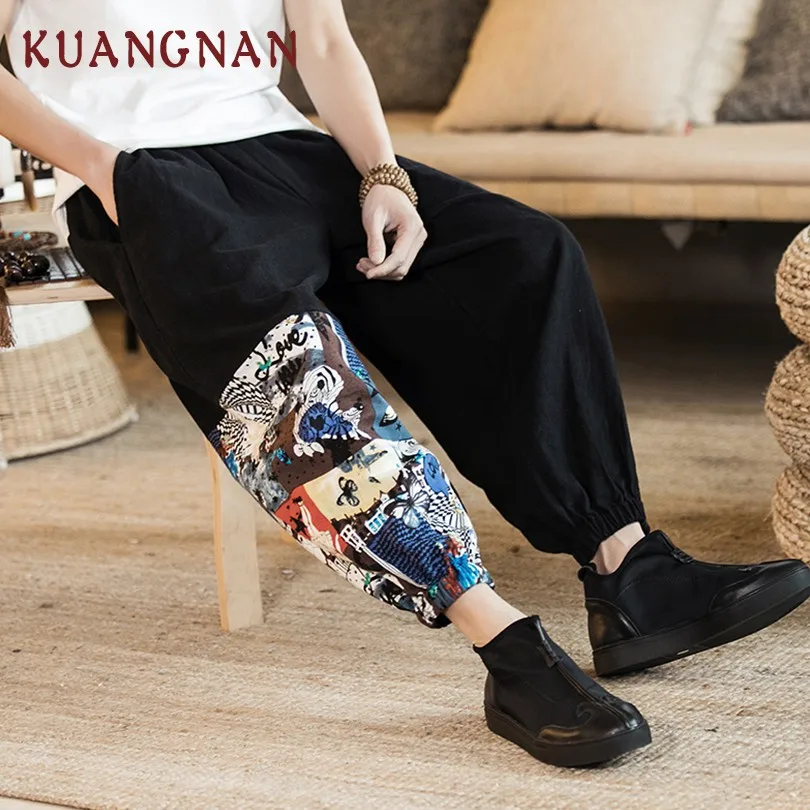 KUANGNAN, китайский стиль, пэтчворк, длина по щиколотку, Мужские штаны, Японская уличная одежда, джоггеры, Мужские штаны, хип-хоп брюки, мужские штаны
